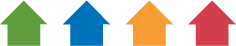 Four icons representing houses in a row, one in each of the following: green, blue, orange, red